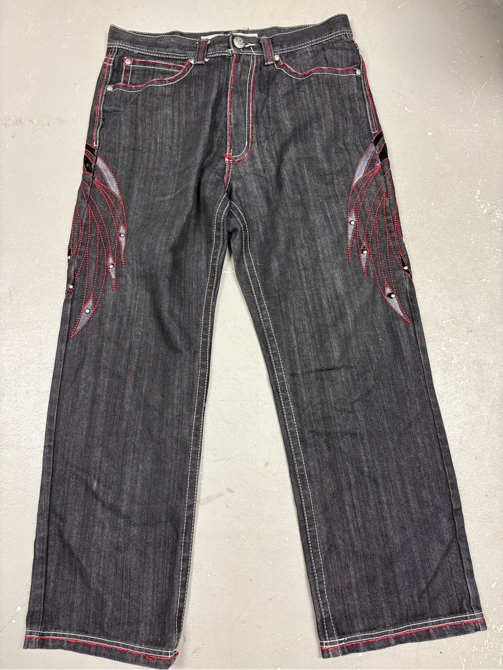 Avalanche Black Denim Jeans Red Wing Cross Stitching Y2K Mall Goth Grunge 36